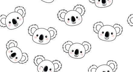 Fototapeta premium Cute koala pattern featuring adorable bear heads with winking faces and pink cheeks on a white background for children nursery decor.