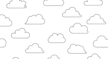 Fototapeta premium Minimalist seamless pattern of simple cloud outlines in different sizes scattered across a clean white background area.