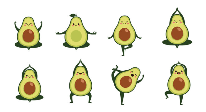 Adorable set of happy avocado characters performing various yoga poses like tree pose and meditation on white background.