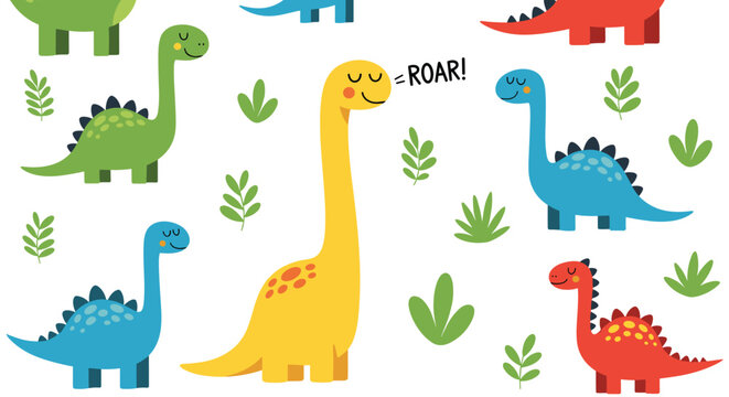Vibrant pattern of different types of cute colorful dinosaurs and green leaves with the word roar on a white background.