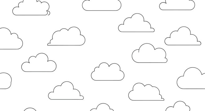 Minimalist seamless pattern of simple cloud outlines in different sizes scattered across a clean white background area.
