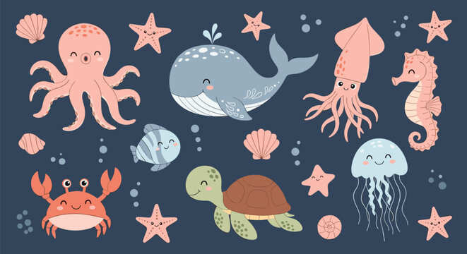 Adorable sea life collection featuring whale octopus turtle seahorse and other underwater creatures for children nursery wall decor.