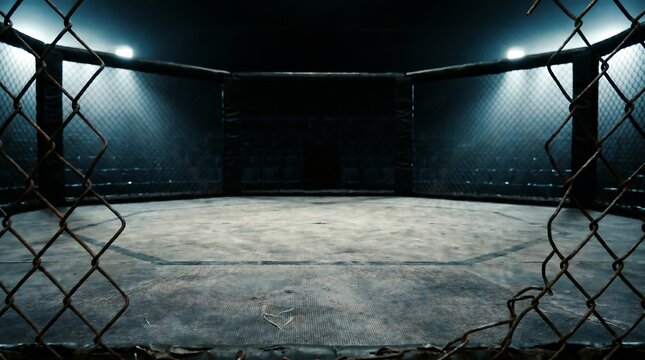 Empty mixed martial arts octagon cage with textured mat representing combat sports tournament and fight championship concept with dark arena background
