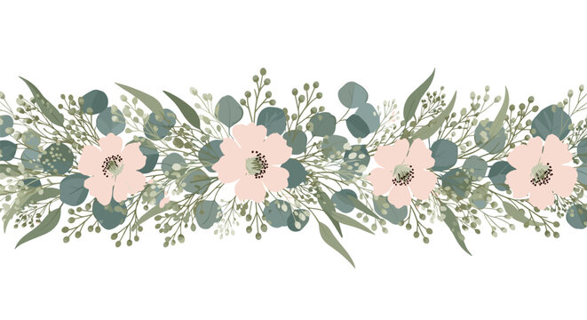 Delicate floral border with soft pink roses and green eucalyptus foliage for elegant wedding invitation headers and feminine branding.