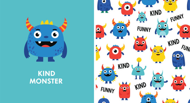 Friendly blue monster with horns character illustration and matching seamless pattern for kids apparel and nursery decor.