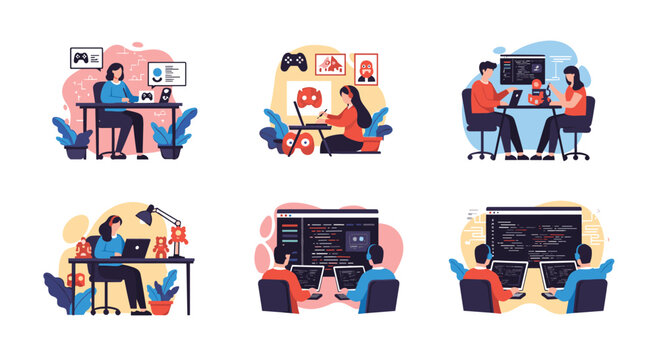 Scenes of people working as game developers, programmers, and designers collaborating at desks with multiple screens and laptops.