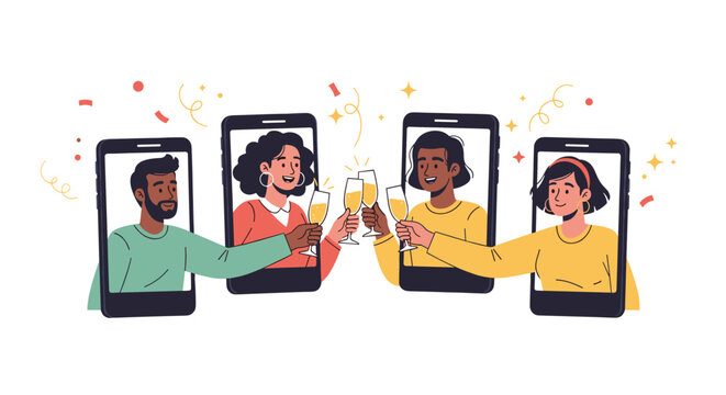 Friends celebrating together during a video call on mobile phones with champagne glasses and confetti for virtual party concepts.