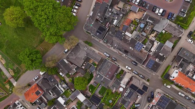 Aerial top-down view flying over a dutch town center