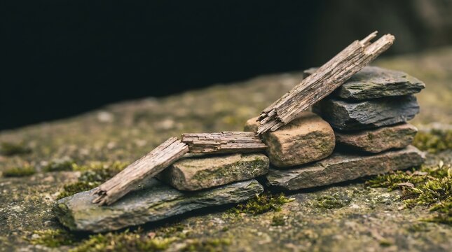 Stone stack and rough wood arranged as an ascending chart on moss rock representing business growth and financial success