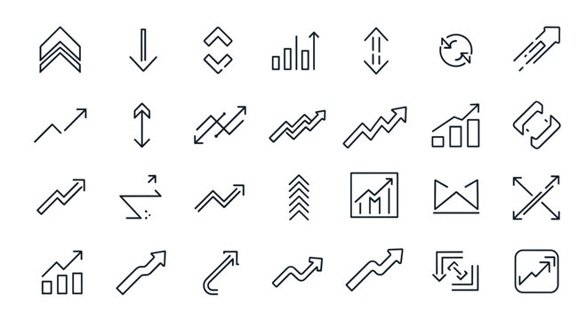 Comprehensive collection of minimalist arrow icons and business growth charts for data visualization and navigation design.