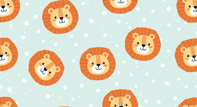 Friendly lion faces and white dots seamless pattern on a light blue background for baby boys nursery textiles and wallpaper.
