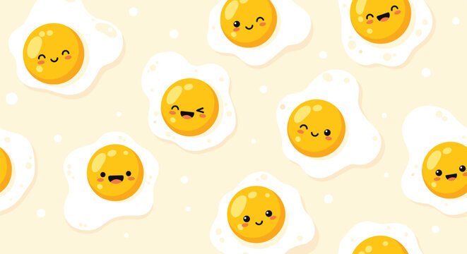 Cute smiling fried eggs with happy faces and minimalist white dots seamless pattern on a light yellow background for kitchen decor.