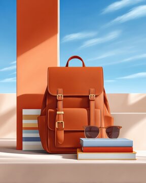 Orange leather backpack with books and sunglasses in a summer back to school promotional scene