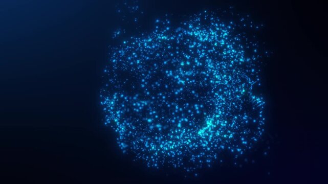 Abstract blue glowing particle sphere with digital data motion on dark background. Futuristic AI network core for science, technology, cyber visuals, business presentations,