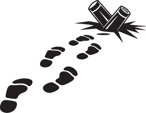 Footprints on ground with broken landmines danger warning hazard zone explosive military ordnance risk awareness.