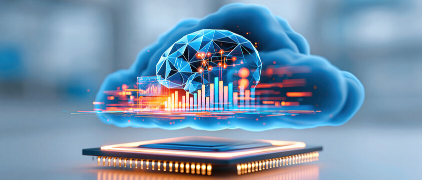 Glowing neural network brain above cloud with data charts and chip platform conveying artificial intelligence and cloud computing innovation