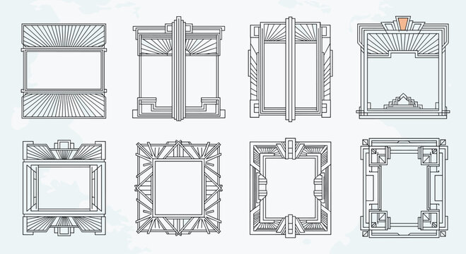 Set of eight classic Art Deco style frames and borders with intricate geometric patterns and line work for elegant designs.