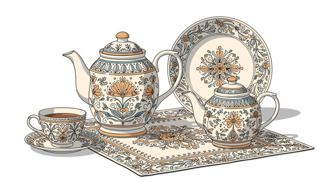 Exquisite ceramic tea set featuring two teapots a cup with saucer and a plate decorated with intricate blue and orange floral patterns.