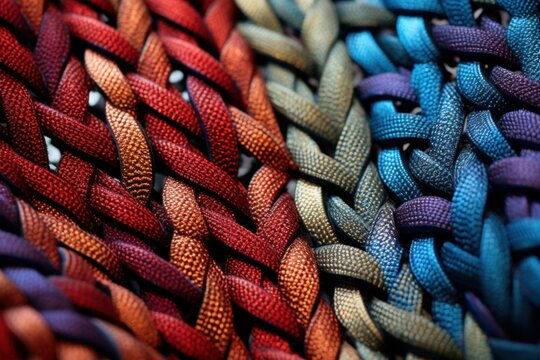 Macro closing showing detail of a braided colorful paracord weaving