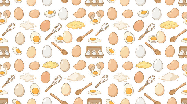 Baking seamless pattern vector design with whole raw chicken eggs broken yolks flour whisk and wooden spoon cooking background elements