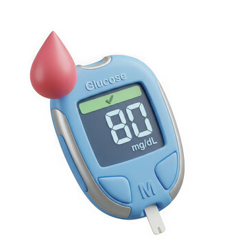 Blue blood glucose meter with a red drop icon