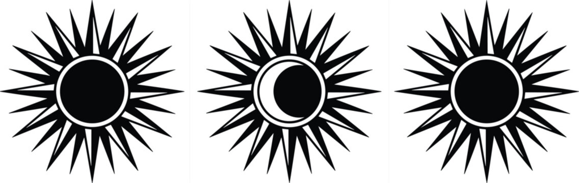 Sun and moon eclipse vector icon set isolated on white background for mystical esoteric graphic design