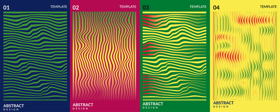 A modern set of abstract vector cover designs featuring distorted, wavy lines and a vibrant psychedelic color pale