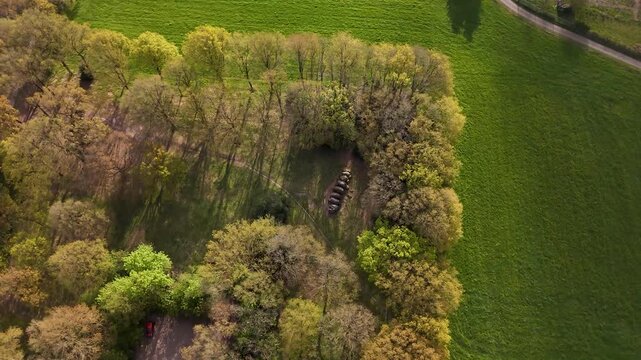Aerial drone flying over a dutch dolmen hunebed tomb