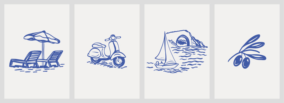 Doodle summer sea vector illustration set. Coastal elements like palm trees, waves, scooter, yacht boat, olive for summer t-shirts, posters, and placard prints. Vector sketch art.