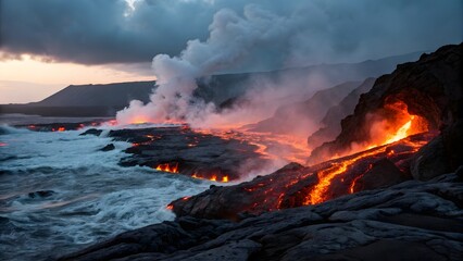Fototapeta premium Apocalyptic volcanic landscape with burning magma stones fiery glow and dense smoke clouds background