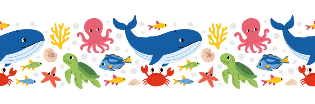 Seamless border with sea animals. Cute whale, octopus, crab, starfish, seashell, turtle and tropical fish repeating tape. Perfect for ocean themed design. Flat vector illustration.