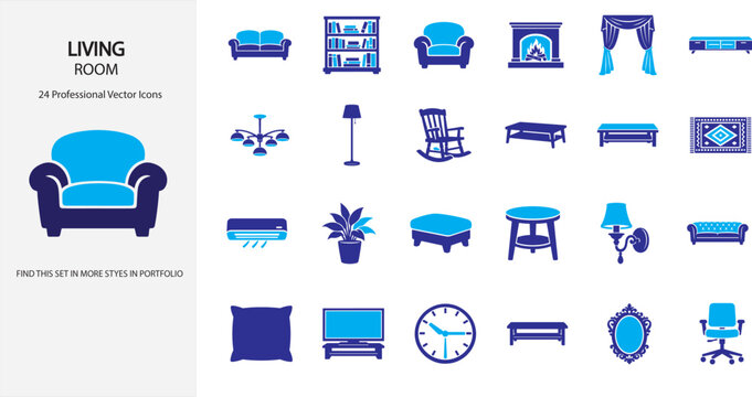 Living room furniture glyph icons set with sofa, fireplace, bookshelf and TV stand symbols.