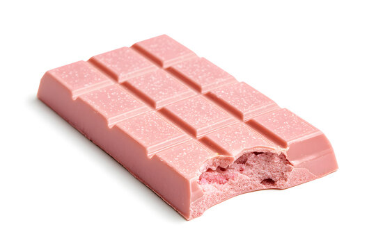 Premium Ruby Chocolate Bar with Bite Taken Out Lying on White Surface