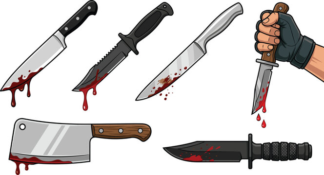 Horror Bloody Knife Collection with Tactical Daggers Cleaver and Slasher Weapon Cartoon Vector Illustration Set