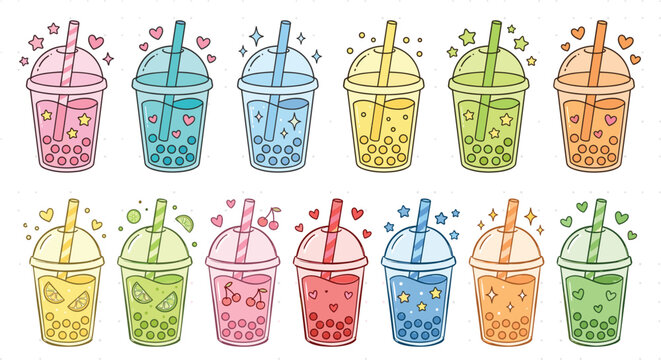 Cute Pastel Bubble Tea Collection with Fruity Boba Drinks and Kawaii Tapioca Cups Vector Illustration Set
