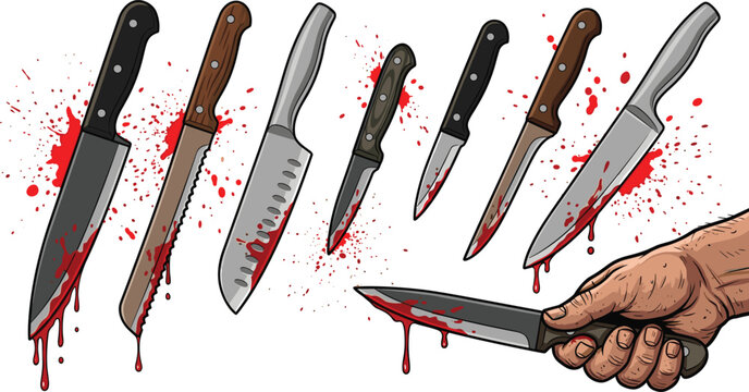 Horror Knife Collection with Bloody Chef Knives Slasher Weapons and Creepy Halloween Cartoon Vector Illustration Set