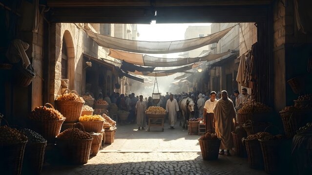 A solemn public biblical event centered on a sacred figure visible before traders, porters, townspeople, and families gathered near a produce entrance where commerce pauses in reverent attention + dat