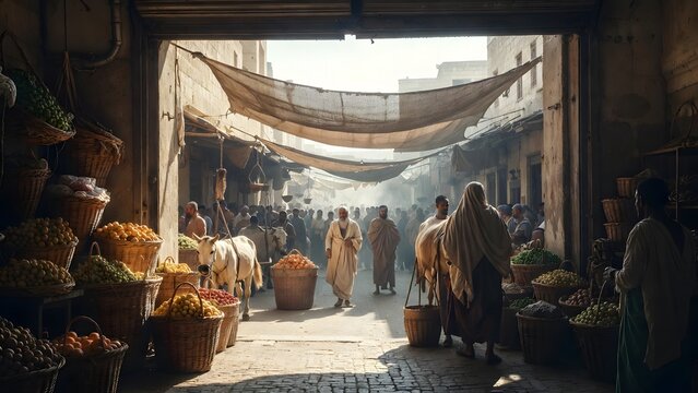 A solemn public biblical event centered on a sacred figure visible before traders, porters, townspeople, and families gathered near a produce entrance where commerce pauses in reverent attention + dat