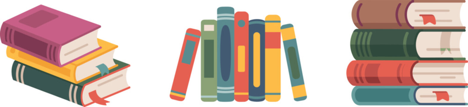 Vector illustration of various colorful book stacks and a row of standing textbooks isolated on a white background