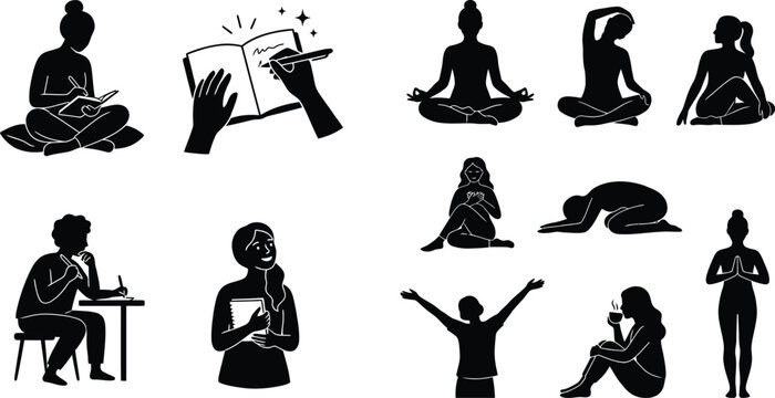 Illustration of relaxation and meditation poses with reading isolated on white background, Vector