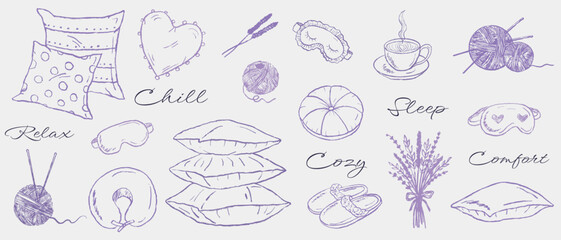 Obraz premium Cozy home relaxation set with lavender, pillows, tea, and knitting elements. Perfect for wellness and comfort themes. Hand drawn vector sketch illustration in vintage crayon charcoal style