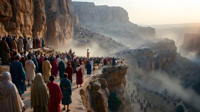 A grand public biblical scene with a sacred central figure standing before herders, travelers, families, and elders assembled along a high escarpment path worn by goats and village passage + escarpmen