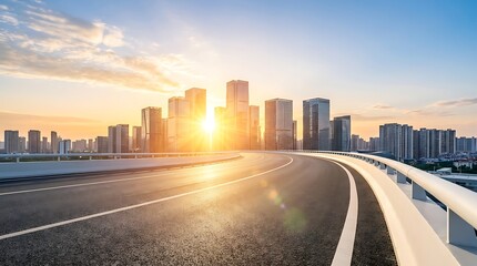 Obraz premium Empty overpass freeway overlooking a thriving financial district skyline at sunset, perfect for commerce and transit concepts