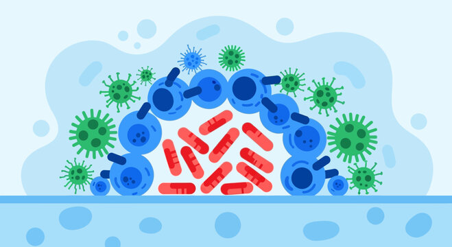 Microscopic view of bacteria and viruses, immune cells defending against infection