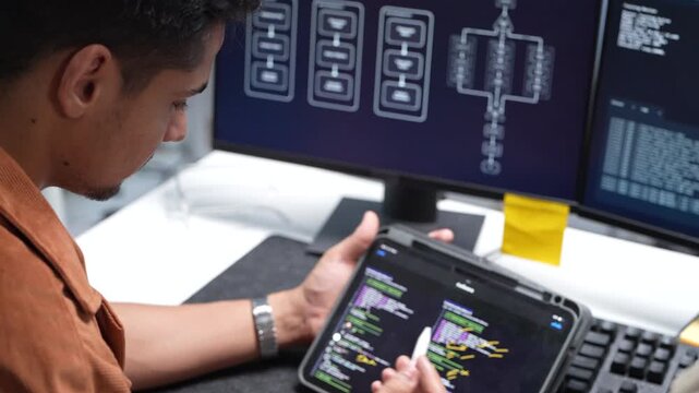Professional software developer focusing on complex system code and data analysis in a high-tech modern office environment, demonstrating technical expertise.