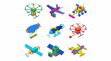Collection of futuristic and modern aerial vehicles and spacecraft in isometric 3D style. © Kak