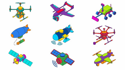 Collection of futuristic and modern aerial and space vehicles, including drones, blimps, satellites, and aircraft. © Kak
