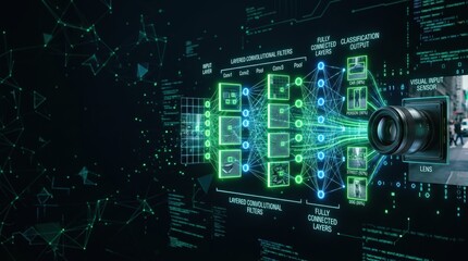 Fototapeta premium Computer vision neural network with camera lens and green circuit board connections on dark background