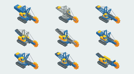 Naklejka premium Isometric view of a set of mining excavators in different positions and angles.