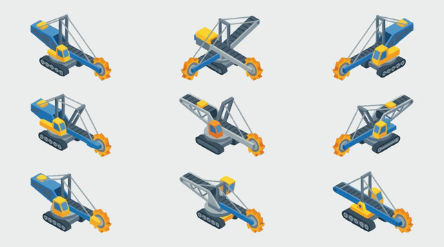 Set of isometric bucket wheel excavators in various positions, isolated on a light gray background.